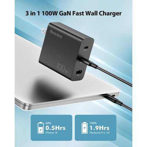 Huntkey 100W USB C Charger with 2-Pack USB C Cable, 3-Port GaN PD Fast Power Adapter USB C Wall Charger Block for MacBook Pro/Air, Dell XPS, iPad, iPhone 14/14 Pro /13/13 Pro, Galaxy S23/S22/S21