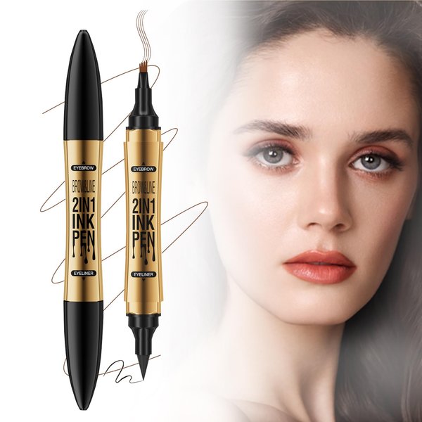 3D Four-Tip Eyebrow Pen & Eyeliner Duo - Waterproof, Long-Lasting, Smudge-Proof, Easy to Use for Perfect Brows and Defined Eyes - Dark Brown Eyebrow Pencil & Black Eyeliner