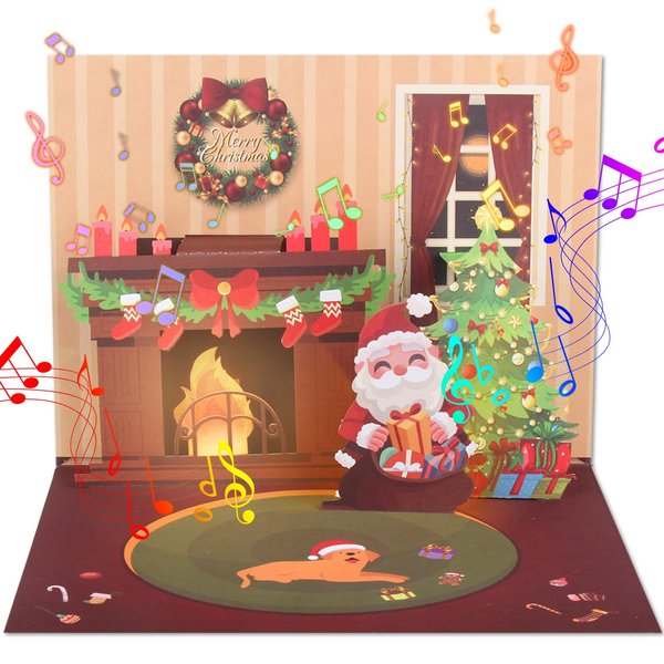 XTF2015 Merry Christmas Card, 3D Pop Up Christmas Card with Christmas Music, Lighting Fireplace LED Christmas Greeting Card Gift with Envelope for Women Men Kids Husband Wife Mom Dad Daughter