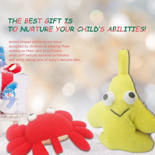 Bleu Bath (2 Pack) Animal Body Scrubber Natural Linen Shower Ball for Toddler Kids Gentle Exfoliating Bath Sponge Loofah Pouf in Yellow Starfish Red Crab with Cute Big Eyes Design
