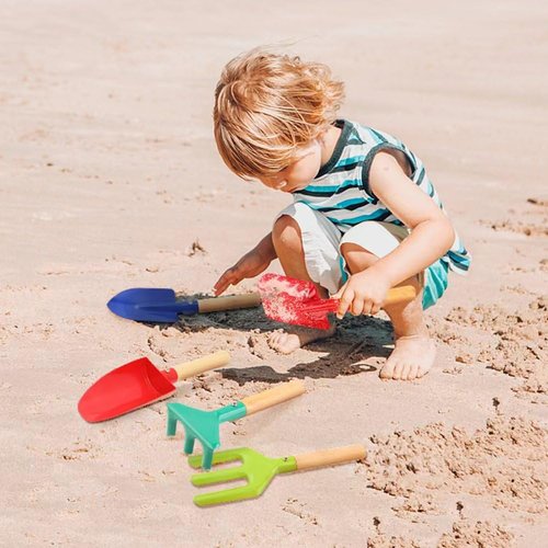 UMUACCAN 6 Piece 8'' Beach Toys for Kids, Kids Gardening Tools Sand Toys Set Metal Garden Tools with Sturdy Wooden Handle, Cylinder, Spoon, Fork, Rake, Flat Shovel & Pointed Shovel