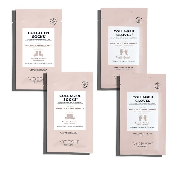 Voesh Collagen Gloves and Socks- Argan Oil, Collagen Infused, 4 Pack, 2 Pack of Gloves, 2 Pack of Socks, at Home Spa, Body Care, Nourishing, Hydrating Gloves and Socks
