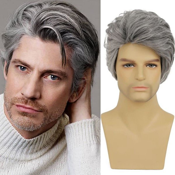 Wiwige Men Wigs Short Grey Wigs Old Man Wig Synthetic Halloween Costume Male Wigs, Mixed Gray
