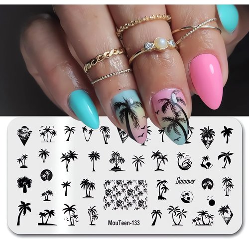 Summer Nail Art Stamping Plates Palm Coconut Tree Pattern Designs Nail Stamp Templates Holiday Nail Decorations DIY Stainless Steel Nail Image Polish Template Nail Supplies for Women