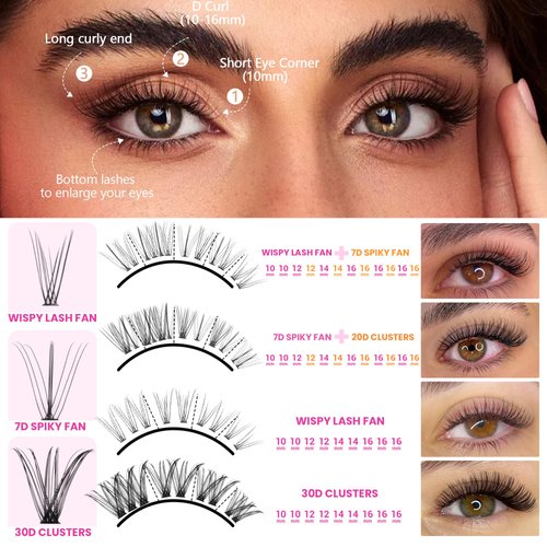 Geeneiya Lash Clusters Kit Individual Lash Extension Kit DIY Multi-type D Curl Cluster Eyelash Extension Kit with Bottom Lashes, Waterproof Lash Bond and Seal Glue, Lash Tweezers (30D, 480PCS)