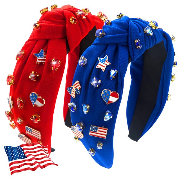 IDDFEVE 2Pcs 4th of July Headband for Women, Rhinestone Knotted Design with USA Flag Heart Hair Hoop, Patriotic Independence Day Holiday Wide Hair Accessory with Jeweled Crystal (Red&Blue)