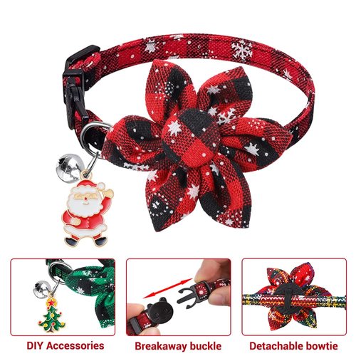 Vellibring 3 Pack Christmas Cat Collars,Christmas Flower Kitten Collars with Adjustable Breakaway Bow Tie Bell Plaid Snowflake Xmas Pet Supplies for Christmas Cats Accessories