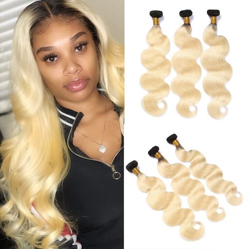 Guanyuwigs 8A Ombre #1B/613 Dark Roots Blonde Body Wave Brazilian Remy Virgin Human Hair Extensions 3 Bundles With Free Part 4x4 Lace Closure For Black Women (20 22 24, 3 Bundles)