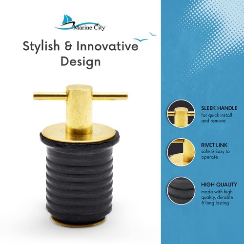 MARINE CITY 1-Inch Marine Boat Easy Use Strong and Sturdy Fine Finish Drain Plug with Innovative Design for Boat Yacht Kayak Marine Brass Drain Plug with Neoprene Seal