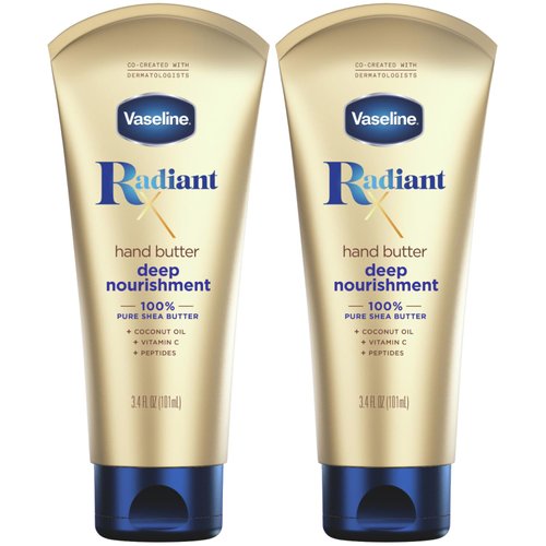 Vaseline Lotion, Radiant X Deep Nourishment Hand Butter - Shea Butter, Coconut Oil for Skin, Vitamin C, and Peptides Hand Lotion for Dry Skin, 3.4 Oz (Pack of 2)