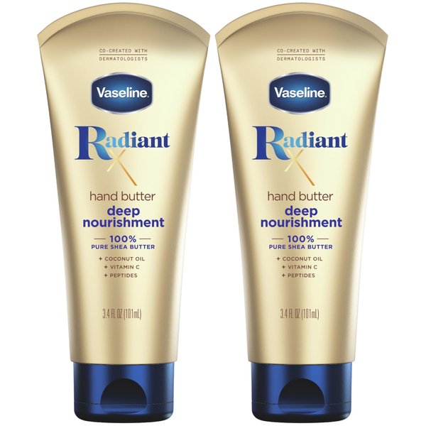 Vaseline Lotion, Radiant X Deep Nourishment Hand Butter - Shea Butter, Coconut Oil for Skin, Vitamin C, and Peptides Hand Lotion for Dry Skin, 3.4 Oz (Pack of 2)
