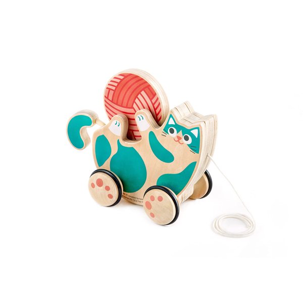 Hape Wooden Walk-A-Long Kitten Pull Toy| Roll & Rattle Push Pull Toy for Toddler| Montessori Toys for Walking Toddlers, Green