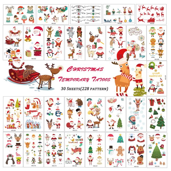 TopFunny Temporary Tattoos for Kids Christmas Makeup, 228Pcs Cartoon Tattoos (30 Sheets) Waterproof Fake Tattoo Body Art Stickers Children Party Decoration Supplies Gifts Favors Girls Boys Christmas