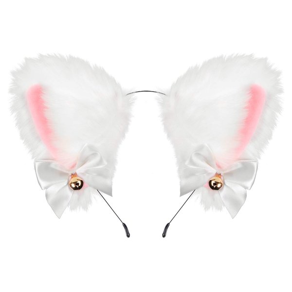 Faux Furry Cat Ears Headband with Bells,Anime Faux Fur Fox Cat Ears Headband Cosplay Accessories Girl Plush Neko Cat Ears Headwear Hairband for Halloween Costume Party Fancy Dress(White-Pink)