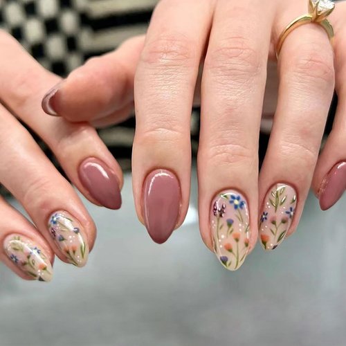 30Pcs Almond Fake Nails RTKHFZE Short Press on Nails with Cute Flower Designs Press on False Nails Glossy Acrylic Nails Artificial False Nails Full Cover Stick on Nails for Women