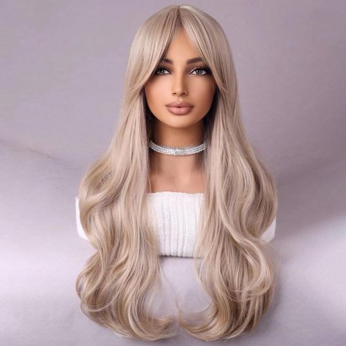 WTHCOS Blonde Wig Long Curly Wavy With Bangs for Women Ash Blonde Wig Heat Resistant Synthetic Hair Wigs for Daily Use Cosplay Wig With Wig Cap
