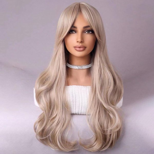 WTHCOS Blonde Wig Long Curly Wavy With Bangs for Women Ash Blonde Wig Heat Resistant Synthetic Hair Wigs for Daily Use Cosplay Wig With Wig Cap