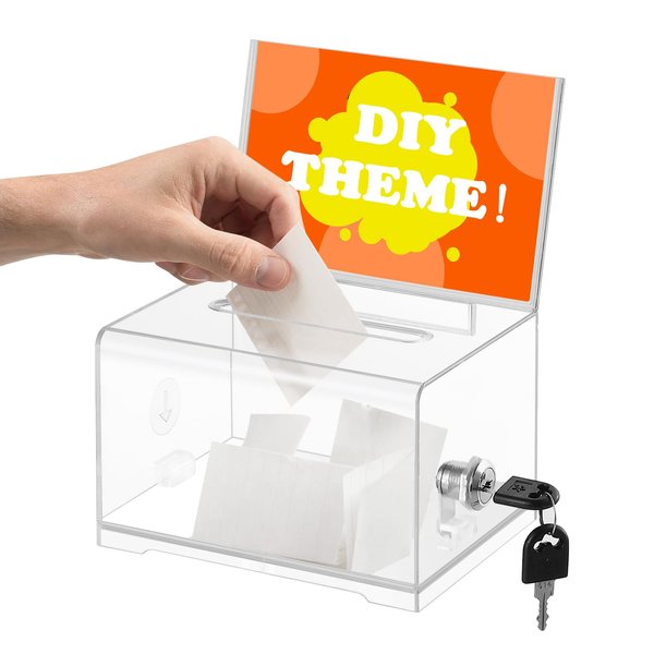 Donation Box with Lock,Suggestion Box with Sign Holder，Clear Ballot Box for Fundraising, Raffle, Tip Jar, School Voting
