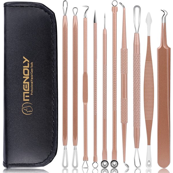 Pimple Popper Tool Kit, MENOLY 10 Pcs Blackhead Remover Comedone Extractor Acne Removal Kit for Blemish, Whitehead Popping,Zit Removing for Nose Face Tools with a Leather Bag (Rose Gold)