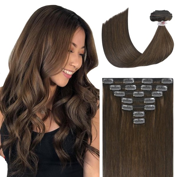 Ukira Clip in Hair Extensions Real Human Hair, Medium Brown Hair Extensions Real Human Hair Clip ins, 18 Inch 120g Natural Straight Seamless Remy Human Hair Brown Clip in Hair Extensions