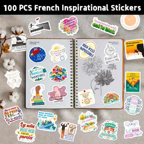 HomSeon Vinyl French Motivational Stickers for Students, 100pcs, Inspirational Quotes, Waterproof, Reusable, for Journaling, Planner Decoration, Daily Life Motivation