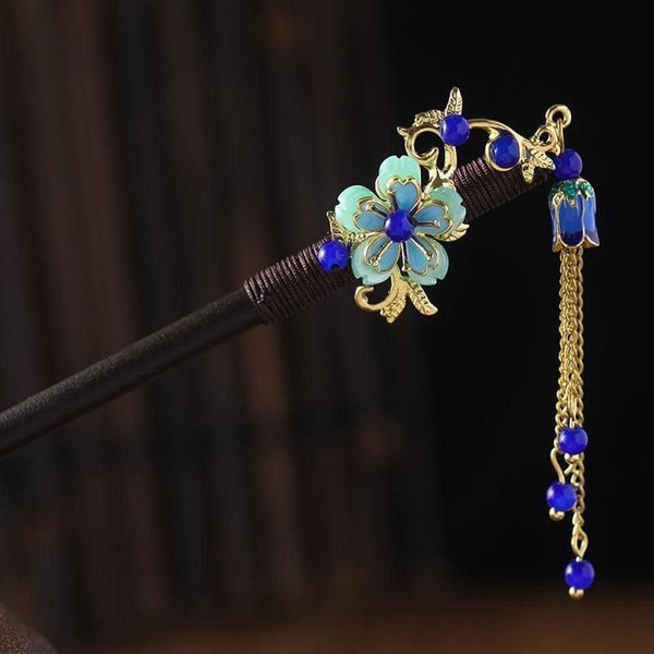 Blue Gold Chinese tide Hair Stick Retro Wooden Hairpin Flower Hair Chopsticks Vintage Tassel Hair Stick Wedding Party Hair Stick Hanfu Hairpins and Accessories