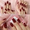 Elevenail Press on Nails Glossy Dark Wine Red False Nails Medium Length Square Fake Fingersnails Daily Manicure Salon DIY Faux Ongles Solid Red Nails Art Tips Gifts for Women Girls