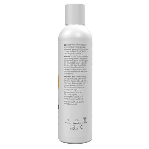 NOW Foods Solutions, Vitamin C and Manuka Honey Gel Cleanser, Brightening System, Promotes Healthy-Looking Skin, 8-Ounce