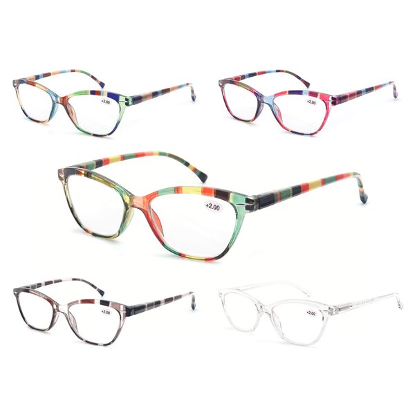 MODFANS Womens Reading Glasses Women 5 Pack Fashion Ladies Readers Comfort Spring Hinge Lightweight cateye Frame with Pouch 2.5
