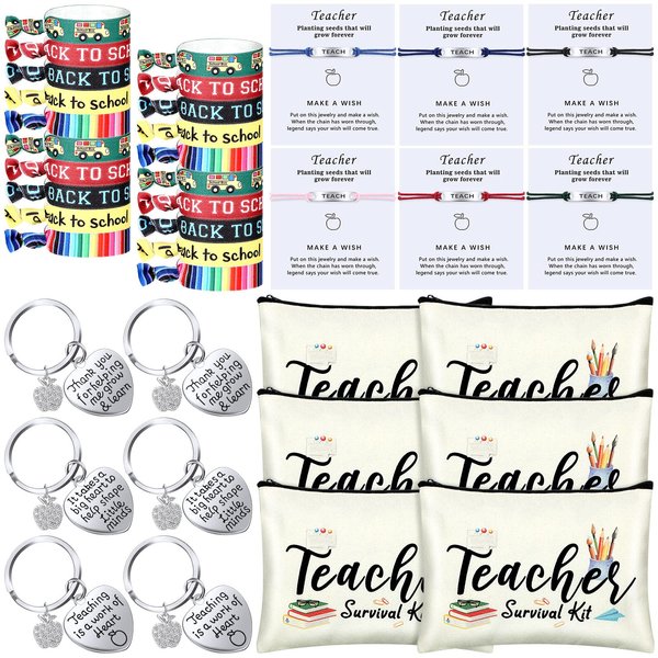38 Pcs Teacher Appreciation Gifts Back to School Teacher Gifts 6 Teacher Makeup Bag 20 Teacher Ribbon Hair Ties Elastic Ponytail Holder 6 Teach Blessing Card Bracelets 6 Keychain (Lovely Style)