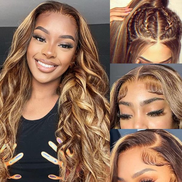 mogge Honey Blonde Lace Front Wig Human Hair Highlight Ombre 4/27 Body Wave Lace Front Wigs for Black Women 13x4 HD Transparent 180% Density Natural Hairline Pre Plucked with Baby Hair 28 Inch