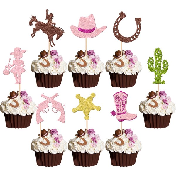 32 PCS Cowgirl Cupcake Toppers Glitter HorseShoe Cactus Star Gun Cupcake Picks Cowgirl Hats Boots Cupcake Decorations for Western Theme Baby Shower Girls Birthday Party Cake Decorations Supplies