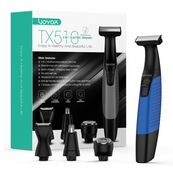 VOYOR Beard Trimmer for Men Electric Razor, Nose Face Body Hair Trimmer with Adjustable Length Combs All in 1 Rechargeable Mens Grooming Kit Cordless Electric Shaver Mens Gifts Wet/Dry TX510 (Blue)