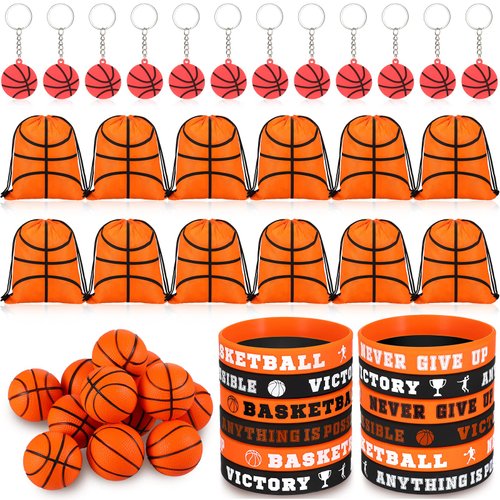 LEIFIDE 48 Pcs Basketball Soccer Football Baseball Party Favors Supplies 12 Silicone Bracelet 12 Drawstring Treat Bag 12 Mini Stress Ball 12 Keychains for Birthday Sports Party Supplies(Basketball)