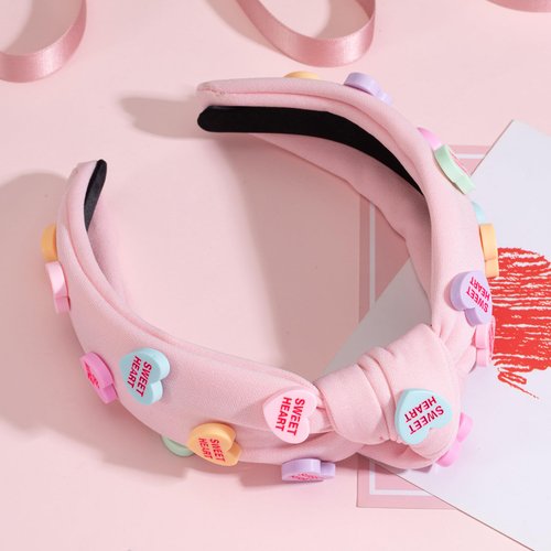 Valentine's Day Heart Candy Embellished Pink Headband Conversation Love Heart Charm Knotted Headband Non Slip Wide Top Knot Fashion Hairband Hair Accessories Party Gift for Women Girls(pink)