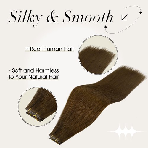 Full Shine 22 Inch Human Hair Weft Hand Tied Hair Extensions For Fashion Women Genius Weft Hair Extensions Human Hair Sew In Hair Extensions Real Human Hair Medium Brown Hair Weft 60G 22 Inch