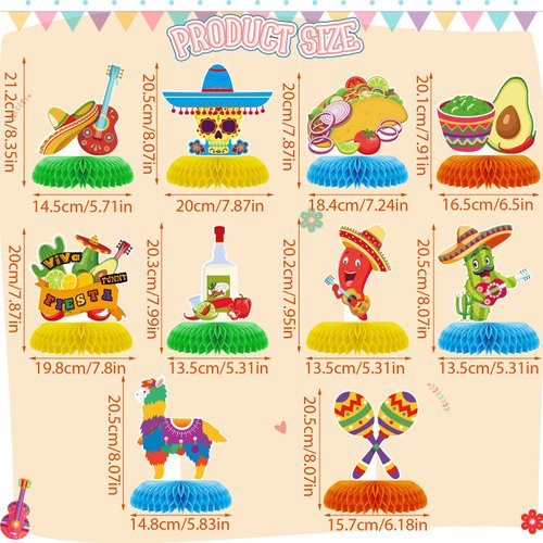 Tarklanda 10pcs Mexican Cinco de Mayo Honeycomb Table Centerpieces Party Decorations,3D Double Side Toppers Paper Fans Mexican Fiesta Theme Taco Bout Birthday Party Decor Supplies
