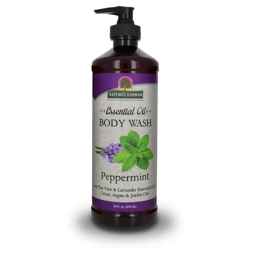 Nature's Answer Essential Oil Body Wash With Pump, Peppermint Scented, 16 Ounce Bottle | For Sensitive Skin | Natural Exfoliation