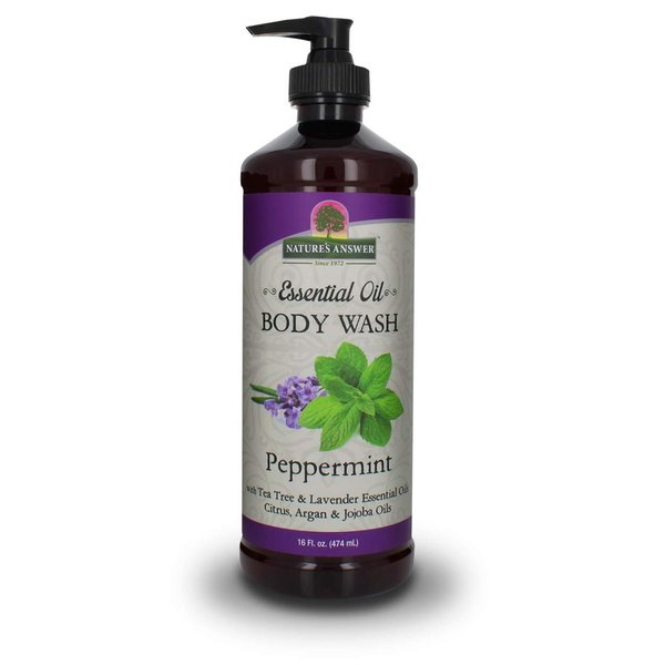Nature's Answer Essential Oil Body Wash With Pump, Peppermint Scented, 16 Ounce Bottle | For Sensitive Skin | Natural Exfoliation