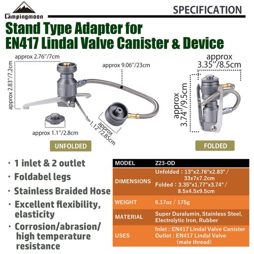 CAMPINGMOON Remote Stove Adapter 2 Outlets Stand Type for Camping Backpacking Isobutane Gas Fuel Canister, EN417 Lindal Valve Canister Z23-OD