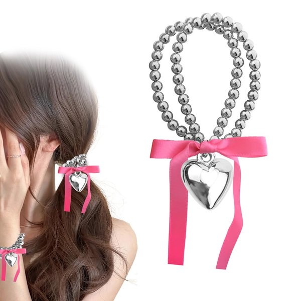 Y2K Long Ribber Hair Tie Bracelets for Women Pink Hair Bow Tie Double Layer Beaded Hair Tie Bracelets Elastic Rubber Bands for Hair Bands Scrunchies Heart Ponytail Holders Hair Accessories Decorations