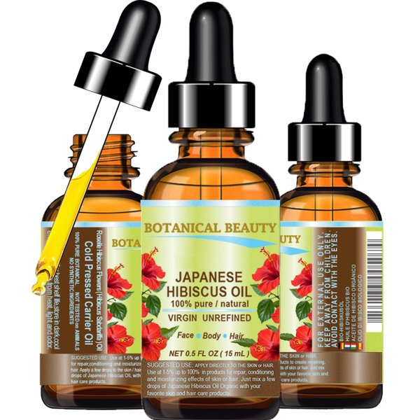 Botanical Beauty HIBISCUS OIL (Hibiscus Sabdariffa) JAPANESE 100 Pure Natural VIRGIN UNREFINED COLD PRESSED Anti Aging, Vitamin E oil for FACE, SKIN, HAIR GROWTH 0.5 Fl.oz.- 15 ml