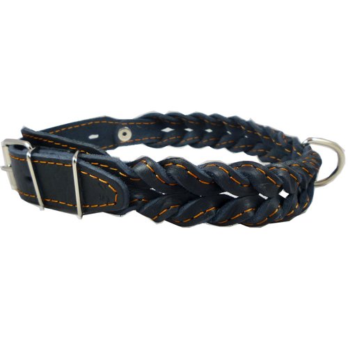 Genuine Leather Braided Dog Collar 11"-14" Neck, 7/8" Wide, Black