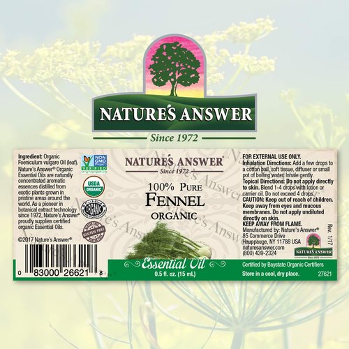 Nature’s Answer USDA Organic Sweet Fennel Essential Oil, 100% Pure | Natural Aromatherapy Oil for Diffuser/Humidifier, Steam Distilled 0.5 fl oz. (15ml) | Made in USA