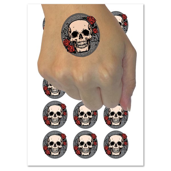 Skull and Roses Flowers Bones Temporary Tattoo Water Resistant Fake Body Art Set Collection - 15 2" Tattoos (1 Sheet)