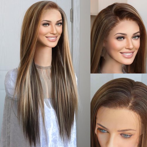 K'ryssma Brown 13x6 Wig Highlight Blonde 13x6 Lace Front Wig Pre Plucked 6 Inch Deep Part Glueless Long Bone Straight Ombre Mixed Brown Synthetic Lace Front Wigs for Women 24 Inches