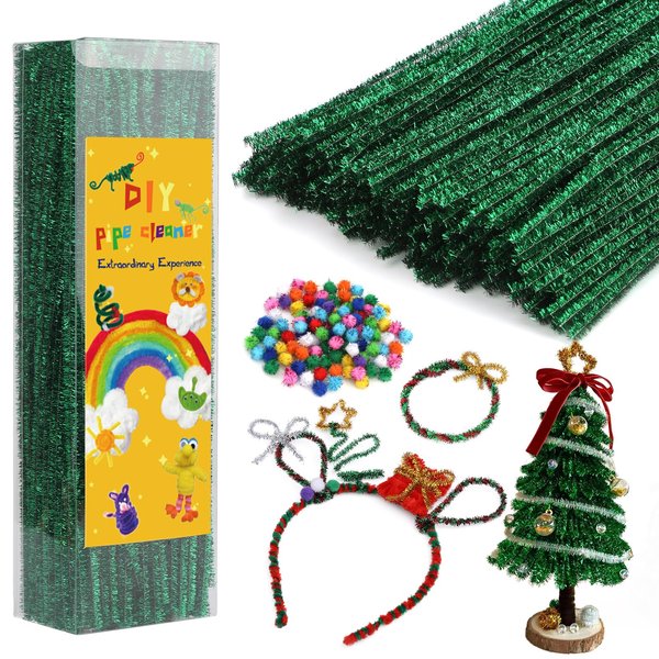 300PCS Pipe Cleaners Chenille Stem, Glitter Green Pipe Cleaners Craft Supplies, Fuzzy Sticks Pipe Cleaner Brush with 100PCS Glitter Pom Poms for DIY Art Creative Craft Christmas Decorations