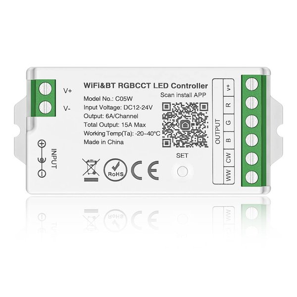 BTF-LIGHTING C05W RGBCCT PWM SMD FCOB (+ R G B C W) 6PIN LED Strip 2.4GHz Tuya WiFi Group Controller Alexa Google Home Control Match with WR01RF RC03RFB RC04RFB RC05RFB RGBCCT Remote