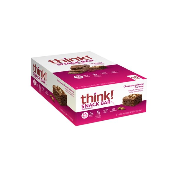 think! Protein Bars with Chicory Root for Fiber, Digestive Support, Gluten Free with Whey Protein Isolate, Chocolate Almond Brownie, Snack Bars without Artificial Sweeteners, 1.4 Oz (10 Count)