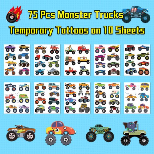 Ozepao Monster Trucks Temporary Tattoo for Kids, 10 Sheets Monster Truck Fake Tattoos for Boys Party Favors, Goodie Bags Stuffers, Brithday Supplies Decorations